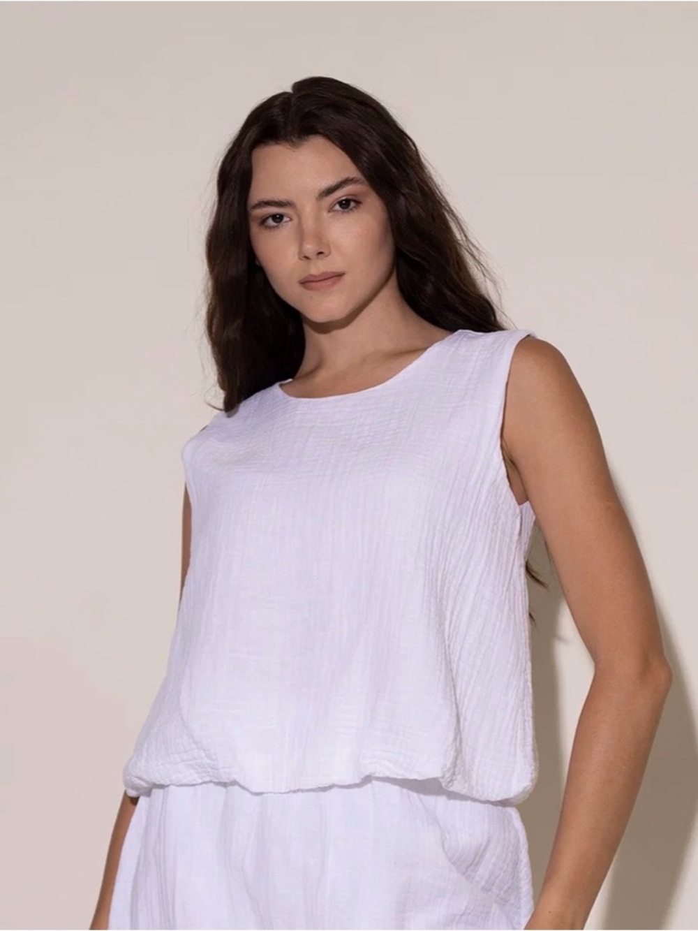 Stark X Bubble Top - White Sleeveless Cotton Gauze Tank Top